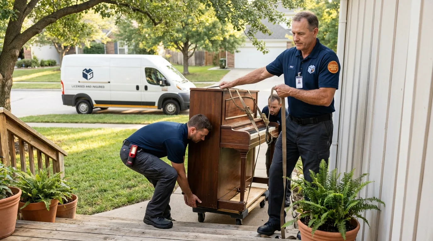 Licensed piano movers securing grand piano in Hohenwald, TN