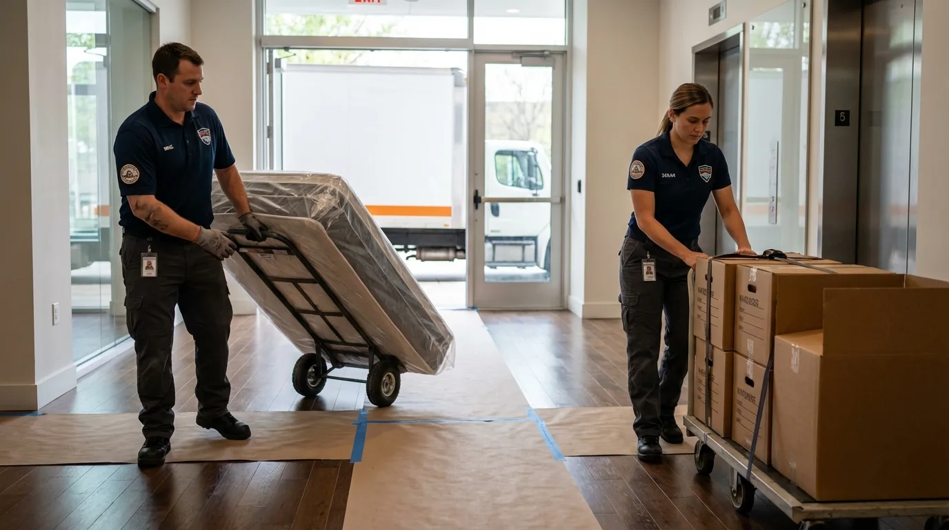 Professional apartment movers loading elevator in Hohenwald, TN
